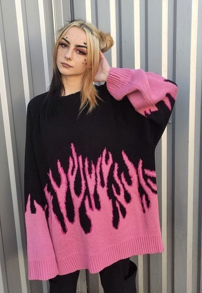 Flame knitwear sweater loose fit fire jumper in bright pink