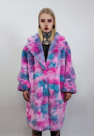 Tie-dye pink fleece gradient coat long fluffy hooded trench