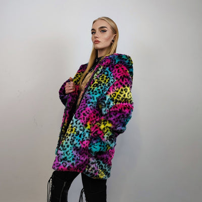 Tiedye hooded faux fur jacket leopard coat rainbow trench animal print bomber fuzzy cheetah fleece festival puffer burning man overcoat pink