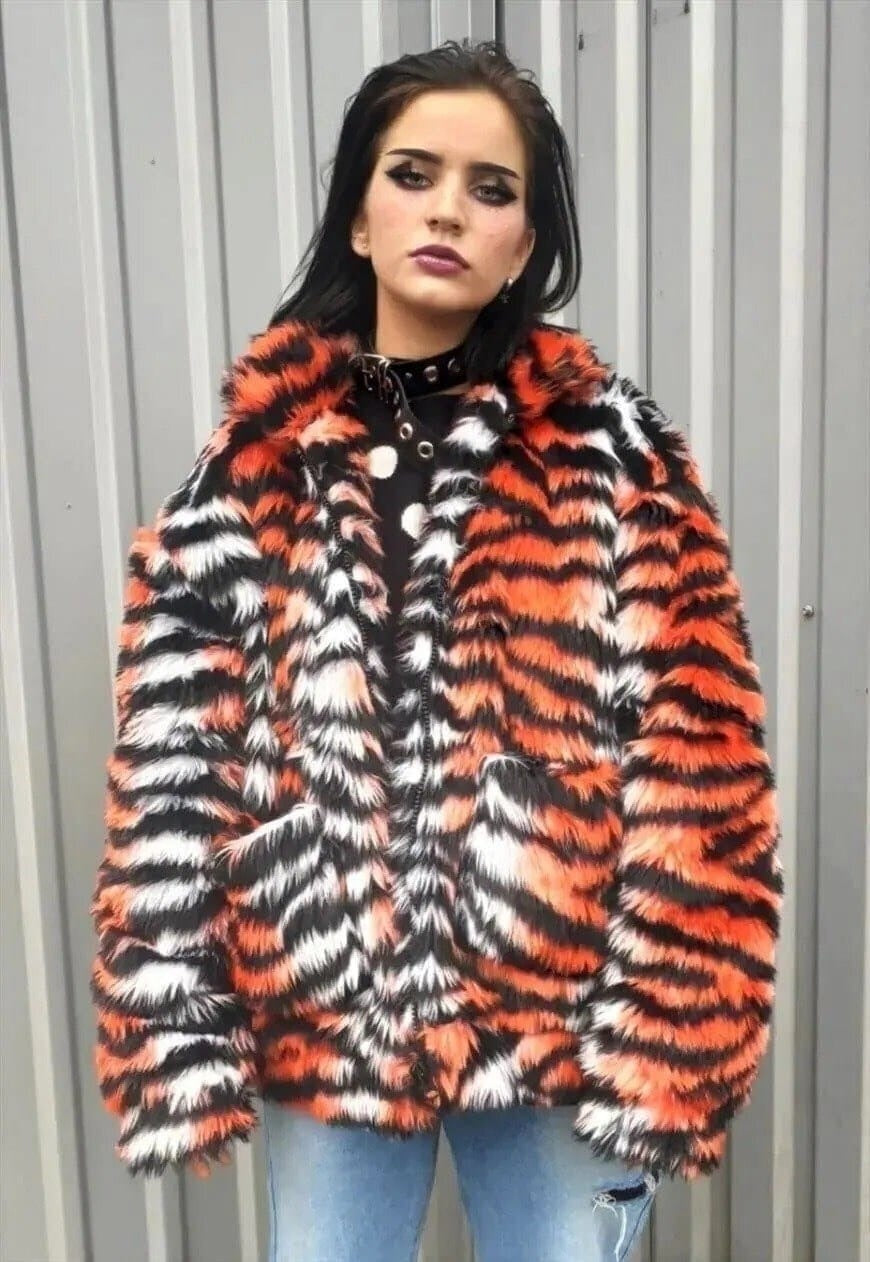 Faux fur tiger jacket zebra fleece tie-dye bomber in orange