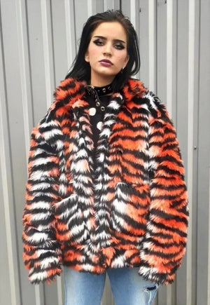 Faux fur tiger jacket zebra fleece tie-dye bomber in orange