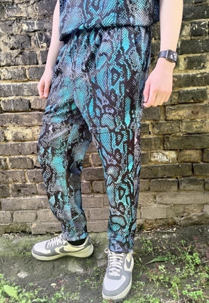 Detachable snake joggers handmade shorts python pants blue