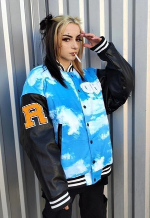 Clouds varsity bomber sky faux leather sleeves jacket blue