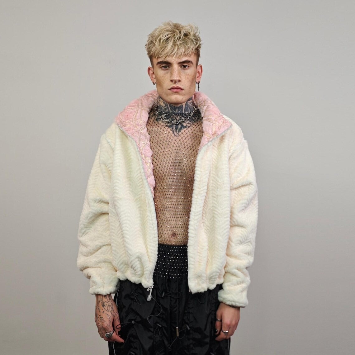 Cropped fleece track jacket beige embellished coat reversible short rave bomber sports set burning man outfit festival overcoat carnival fit