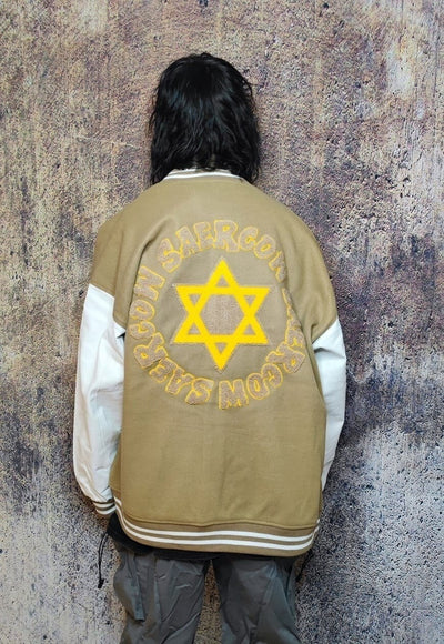 Pentagram patch varsity jacket college baseball bomber brown