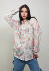 Transparent floral shirt pink fluffy longsleeve sheer blouse