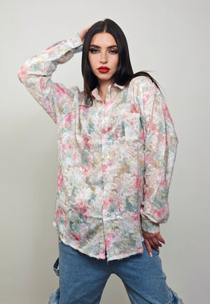 Transparent floral shirt pink fluffy longsleeve sheer blouse