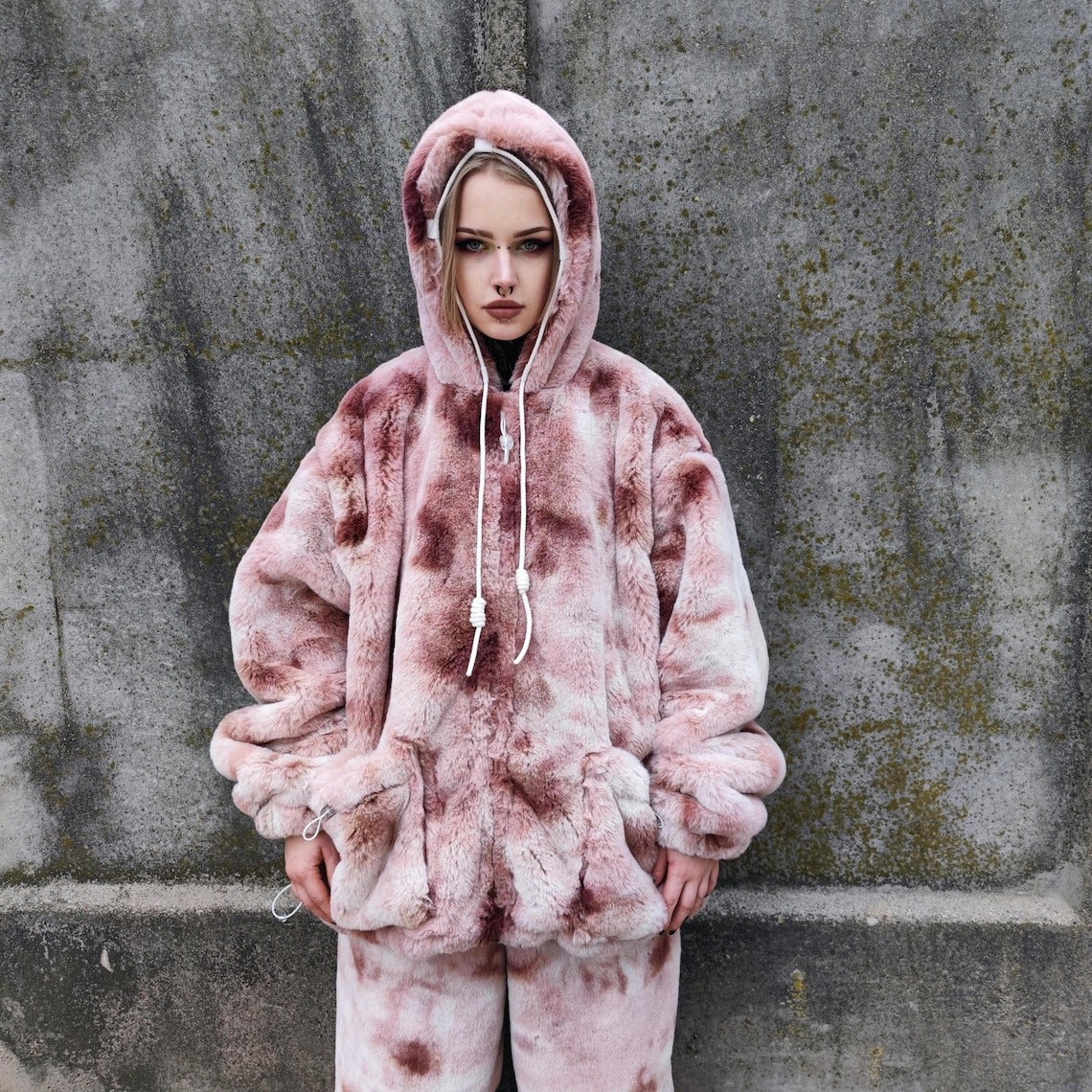 Pink tie-dye fleece coat short abstract collarless jacket gradient trench fluffy detachable sleeves handmade festival overcoat burning man