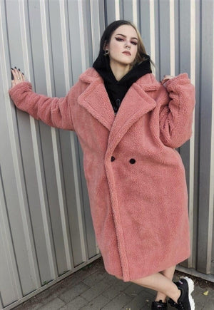 Fleece trench jacket in pastel pink faux fur fluffy mac coat