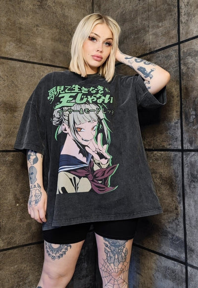 Anime t-shirt premium vintage wash Kawaii tee in acid grey