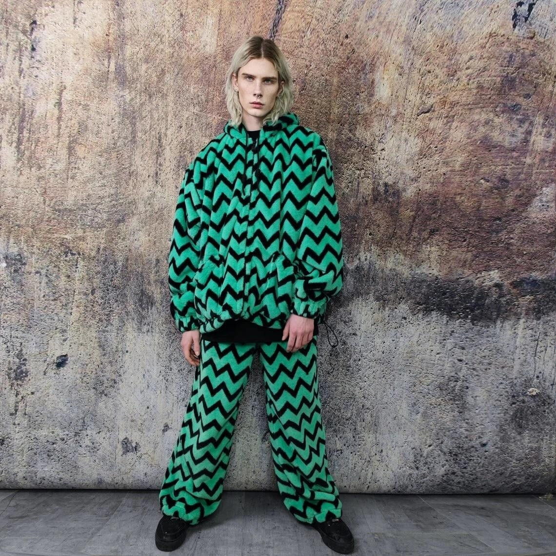 Zigzag fleece jacket green hooded geometric bomber luxury grunge coat detachable sleeves handmade stripe pattern overcoat fuzzy festival set