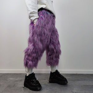 Shaggy faux fur joggers winter raver neon pants fluffy skiing trousers mountain fleece overalls festival bottoms burning man pants in purple