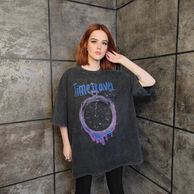 Time travel t-shirt premium vintage wash tee grunge y2k top clock print jumper in acid grey