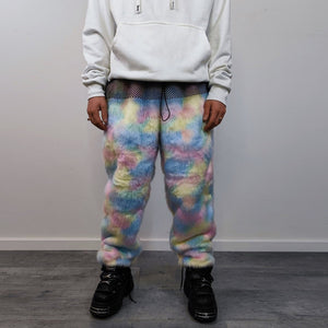 Unicorn fur joggers winter raver pants fluffy rainbow trousers skiing fleece tie-dye overalls festival bottoms burning man pants pastel pink