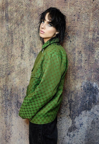 Letter print aviator jacket retro jacquard bomber in green