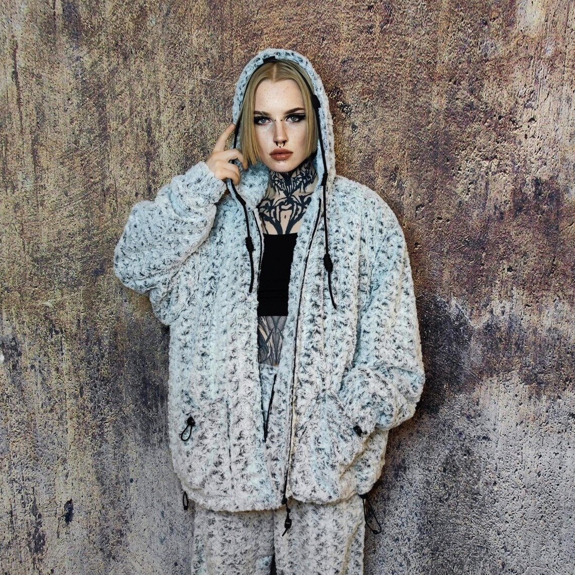 Fluffy fleece joggers grey geometric trousers luxury rose pattern pants handmade party hotpants distressed festival set raver tracksuit