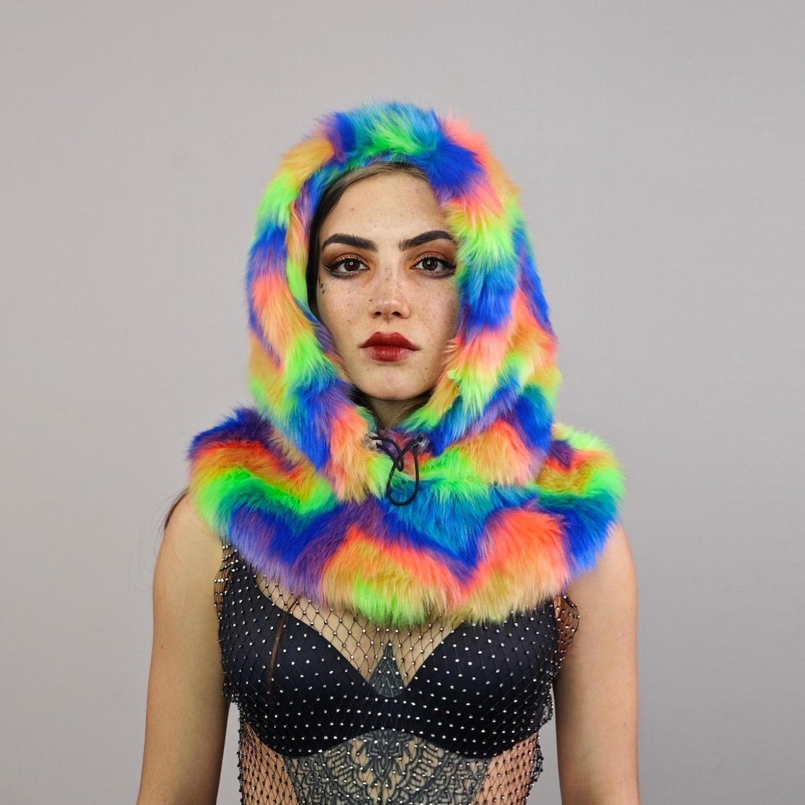 Pink faux fur hood rainbow snood handmade hooded party hat all over fluffy rave fleece scarf burning man striped bucket unicorn headwear