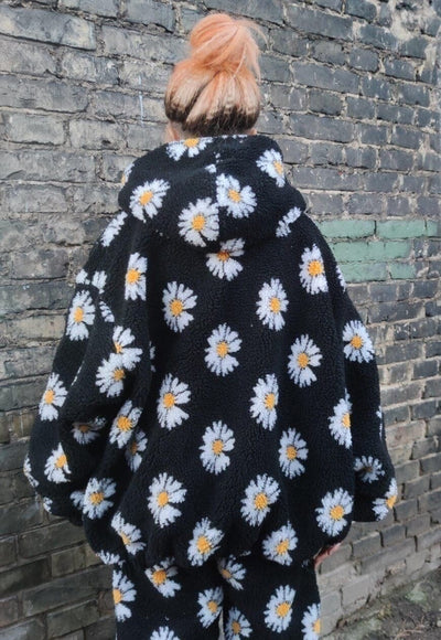 Daisy print fleece jacket custom made sunflower bomber black