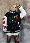 Heart patch varsity jacket faux leather sleeve bomber black