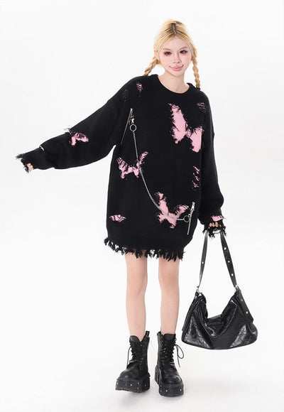 Ripped goth sweater shredded butterfly pattern chain jumper