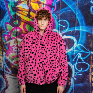 Leopard fleece jacket handmade detachable neon fluffy geometric bomber faux fur animal print coat in 2 in 1 festival jacket pink black