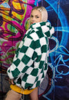 Check fleece hood jacket handmade fluffy chess bomber green