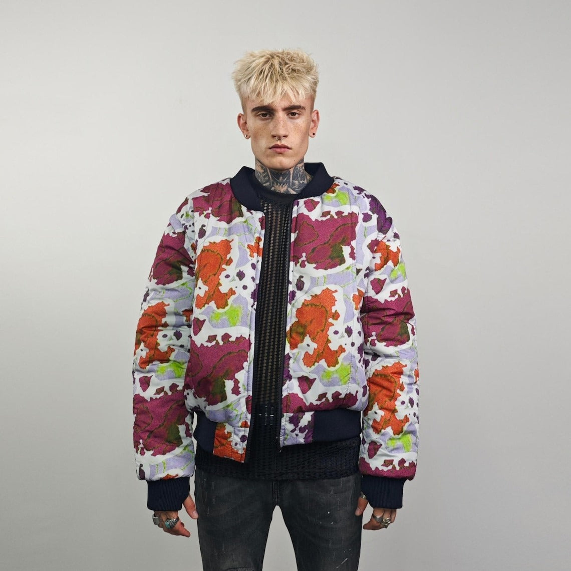 Leaves print bomber forest pattern jacket camo reversible military college varsity detachable sleeves handmade army grunge rocker coat green