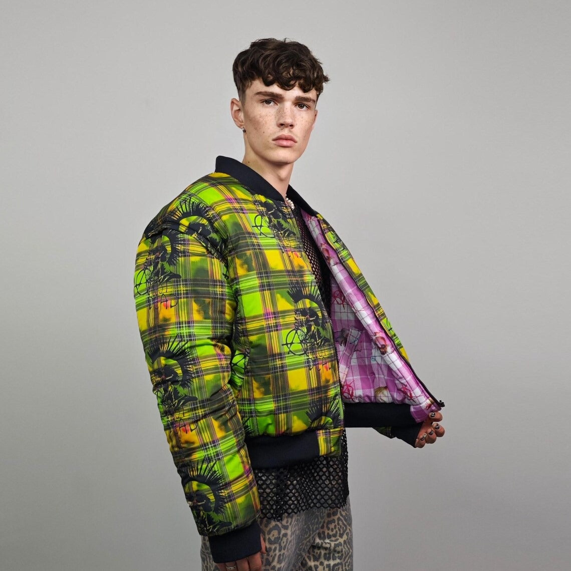 Punk bomber pink check plaid jacket anarchy sign reversible college varsity detachable sleeves handmade grunge doll print festival rave coat