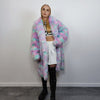 Candy faux fur long coat unicorn trench neon raver bomber fluffy tie-dye fleece psychedelic festival jacket burning man going out coat pink