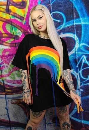 Rainbow t-shirt reworked rope top thread patch tee in black