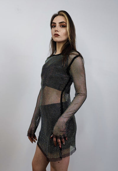 Diamante beaded mesh top transparent jumper seethrough black