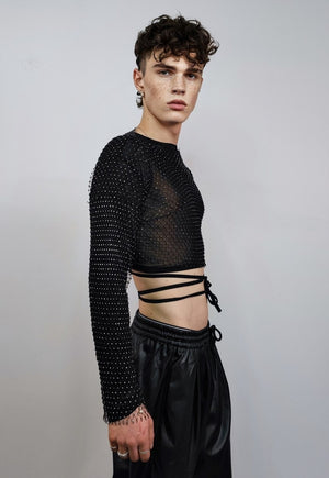 Netted mesh top diamante transparent glitter t-shirt black