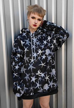 Sea life print hoodie Ocean pullover skater jumper in black