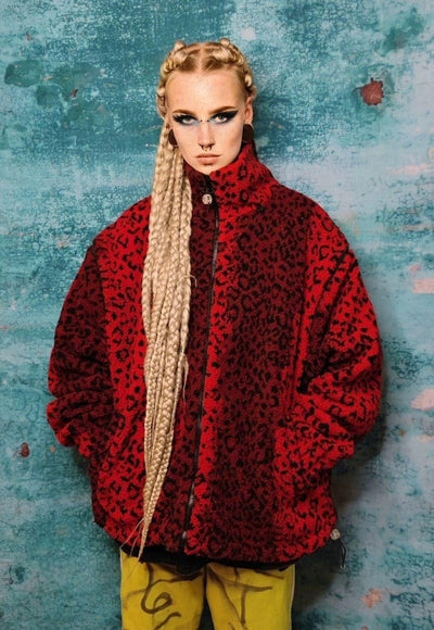 Leopard fleece hooded jacket handmade fluffy animal coat red