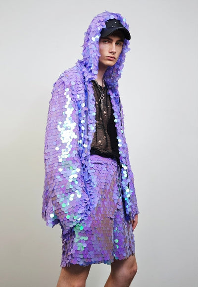 Purple sequin jacket hooded mermaid bomber holographic