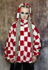 Check fleece hood jacket handmade fluffy chess bomber in red