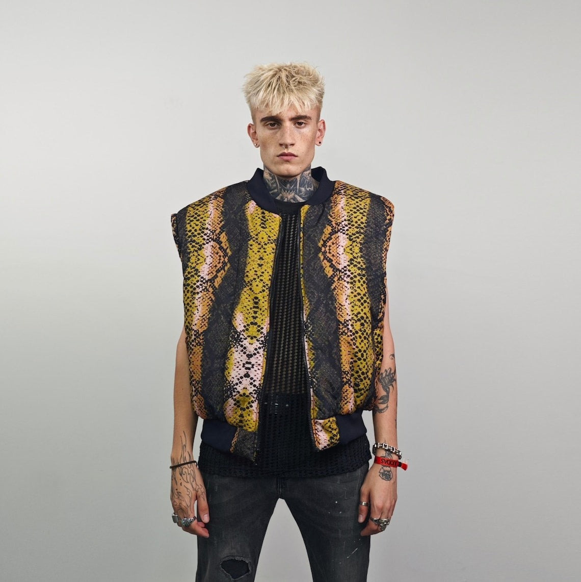Snake print bomber red python jacket reversible college varsity detachable sleeves handmade grunge rocker coat