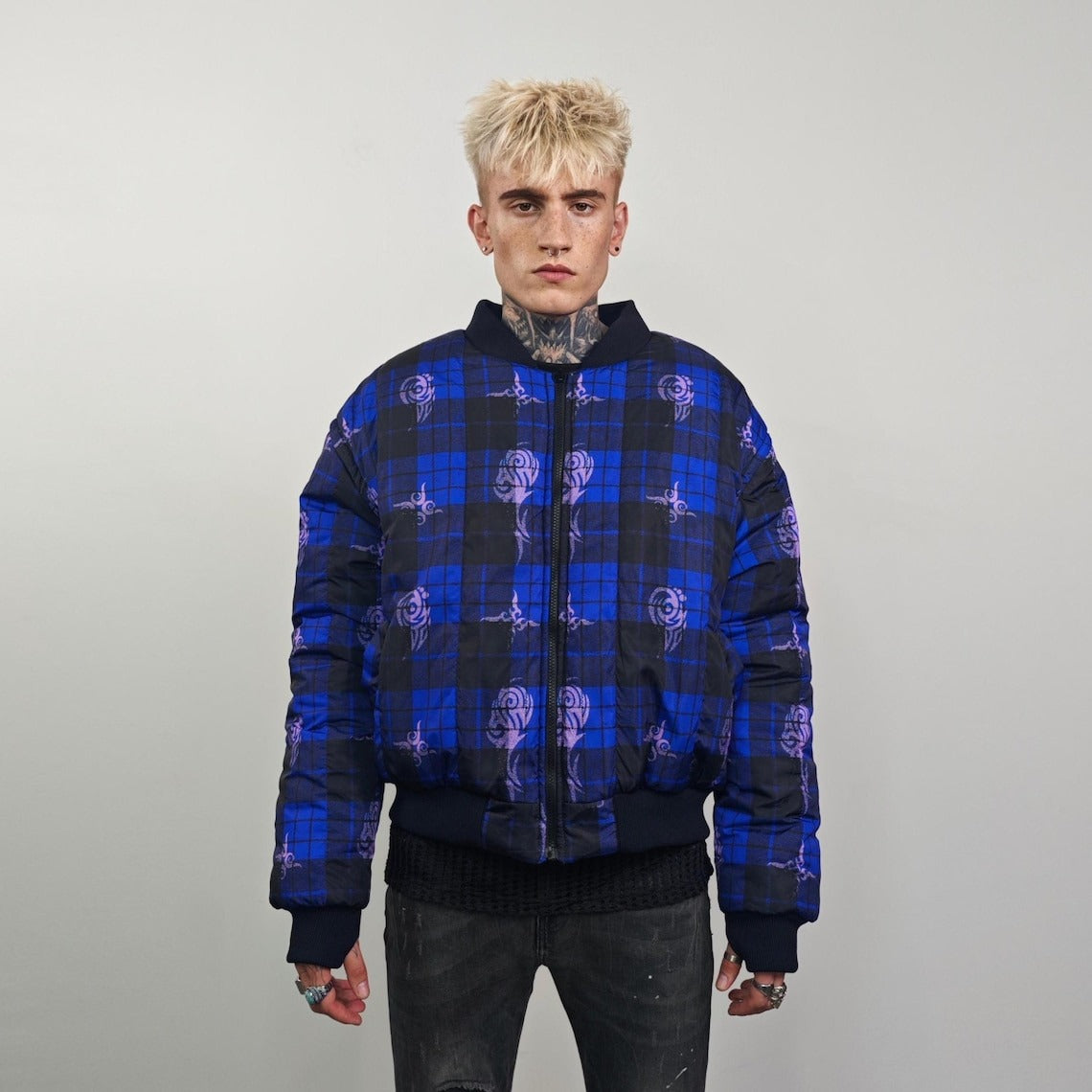 Tribal bomber yellow tattoo print jacket Aztec reversible college varsity detachable sleeves handmade checked puffer grunge plaid punk coat