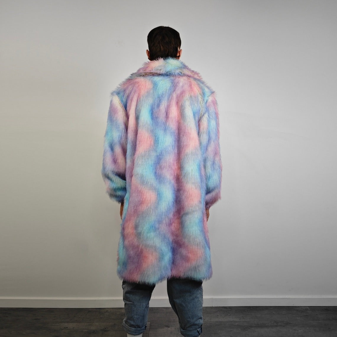 Tie-dye coat faux fur pastel pink shaggy trench abstract pattern overcoat watercolor bomber detachable festival jacket rainbow peacoat blue
