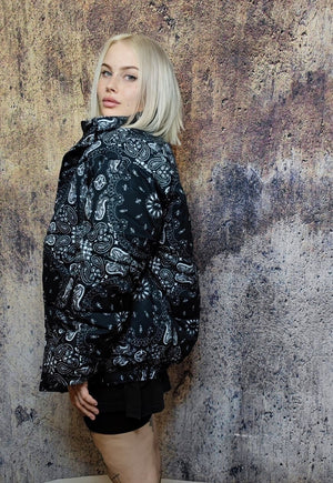 Paisley bomber jacket bandanna puffer cashew coat in black