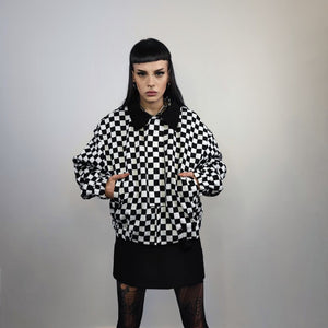 Check print bomber jacket Chequerboard varsity SKA aviator chess pattern coat in black and white