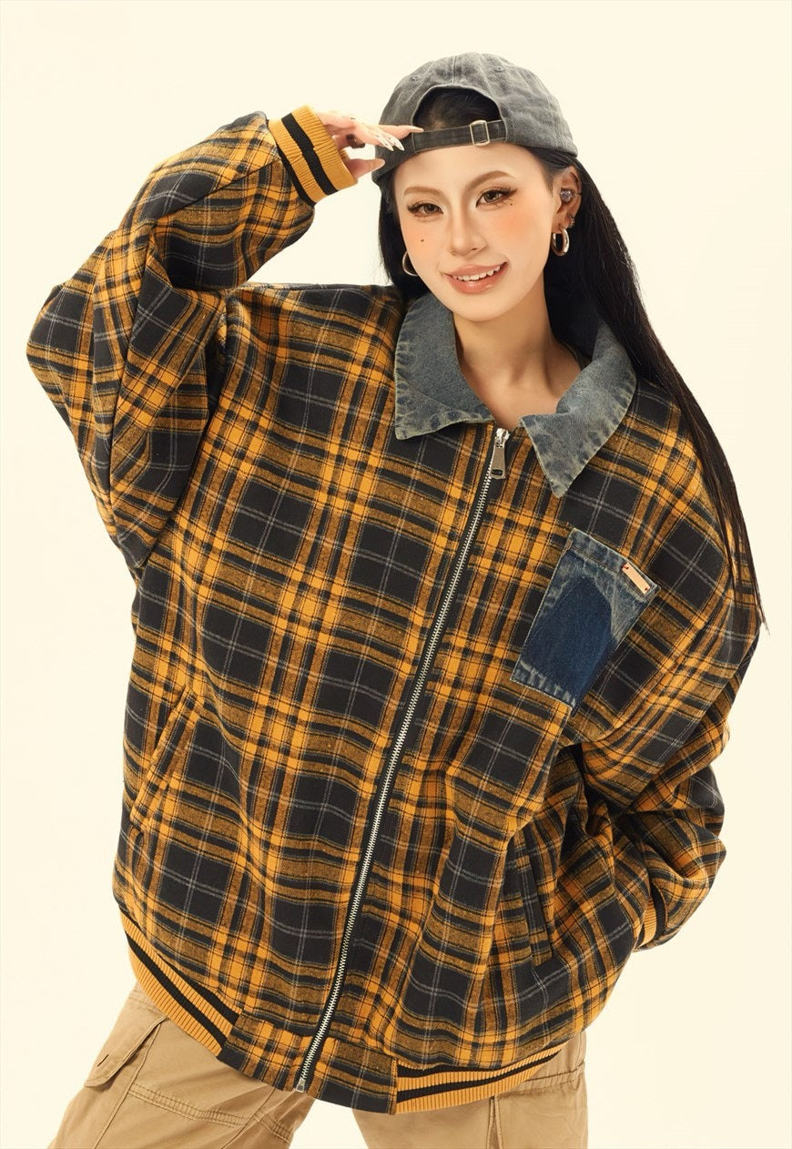 Retro plaid jacket woollen checked bomber in yellow