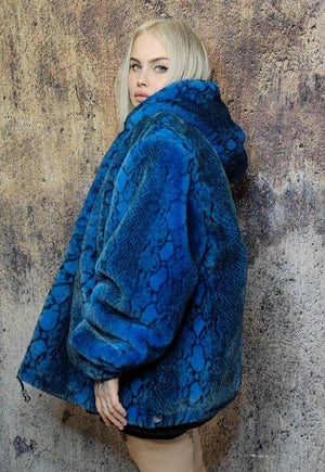 Faux fur snake jacket detachable Python fleece bomber blue