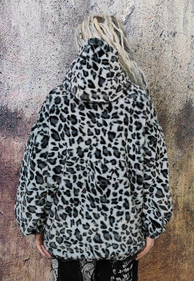 Leopard fleece jacket in grey animal print hooded bomber