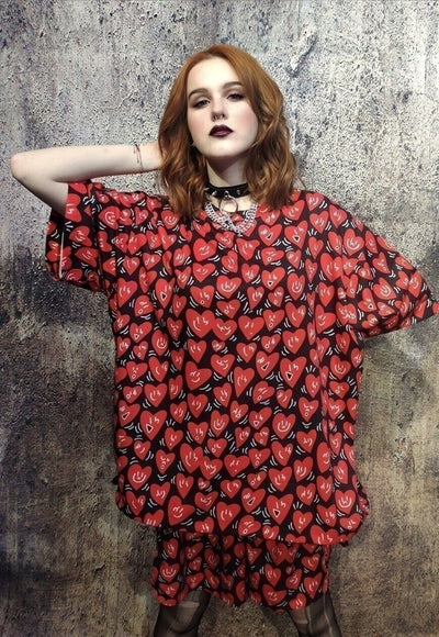 Heart print t-shirt handmade edgy punk love emoji tee in red