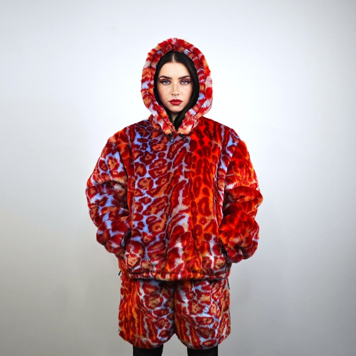 Leopard faux fur shorts red neon animal print trousers festival joggers long furry bottoms jaguar overalls lynx fluffy pants burning man