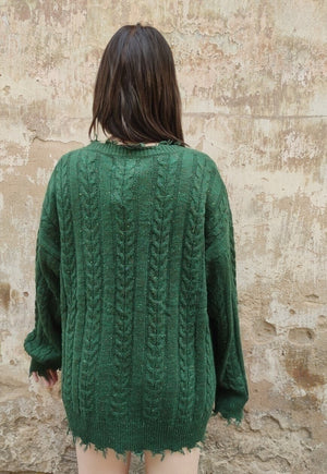 Cable knit sweater distressed top ripped jumper in green