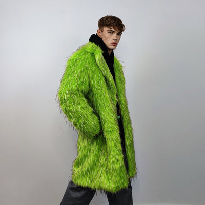 Shaggy faux fur longline coat neon trench bright raver bomber fluffy winter fleece luminous festival jacket burning man fuzzy coat in green