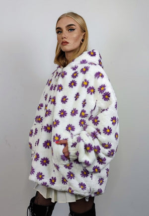 Floral fleece jacket daisy print fluffy bomber hooded coat