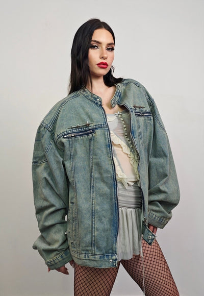 Denim varsity jacket round neck bleached jean college bomber